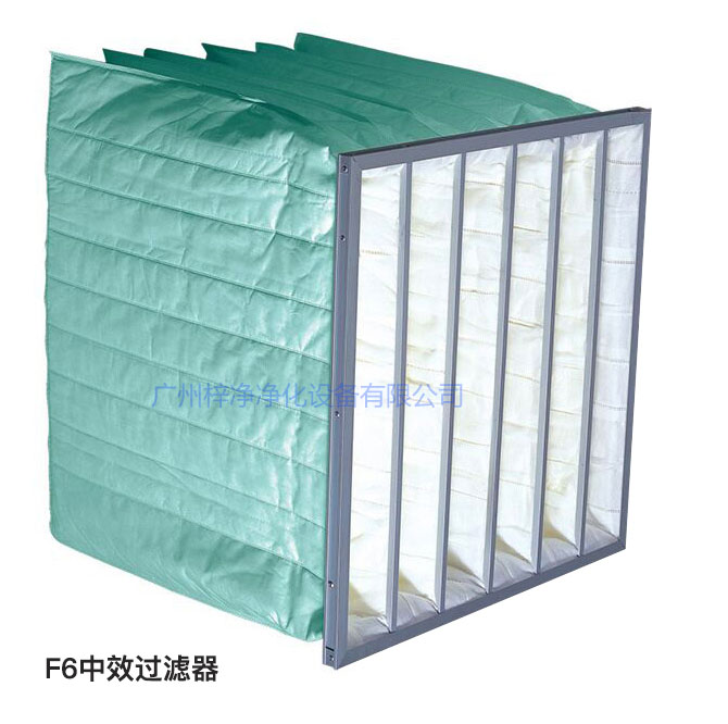 F6級(jí)袋式中效過濾器過濾效率為60-65%,常用于凈化空調(diào)中級(jí)過濾。